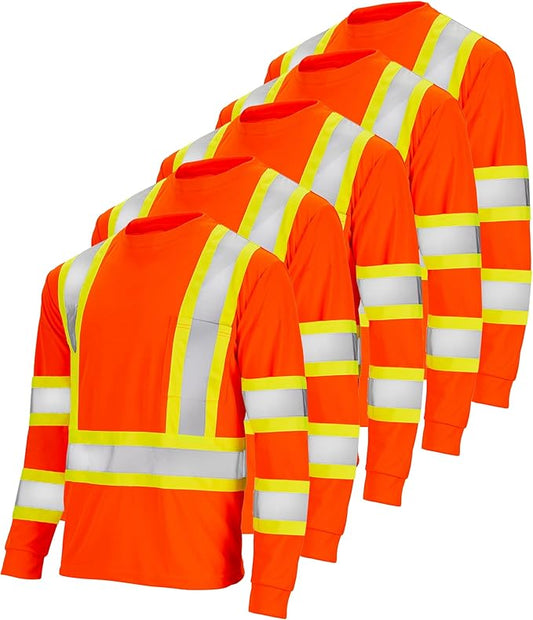 ANSI Compliant High-Visibility Long-Sleeve Safety Shirt – Reflective, Breathable & Built for All-Day Comfort (5-Pack)