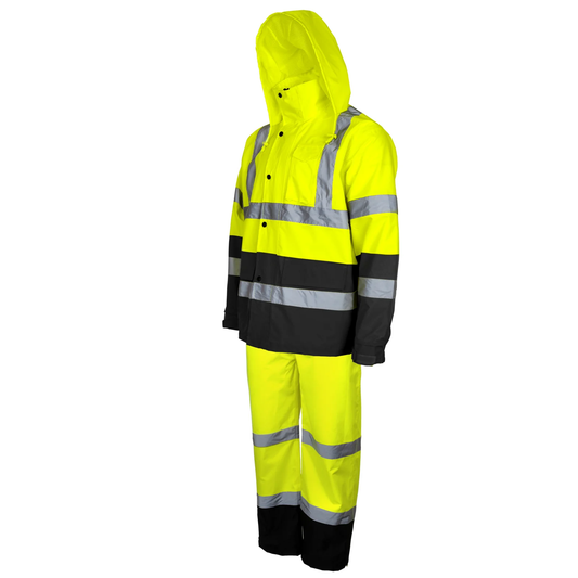 High-Visibility Waterproof Rain Set – ANSI Class 3 Safety Jacket paired with Overall Pants