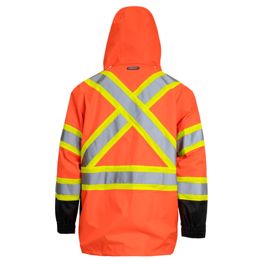 X-on-the-Back High-Visibility Waterproof Rain Jacket – ANSI & CSA Compliant, Windproof & Reflective
