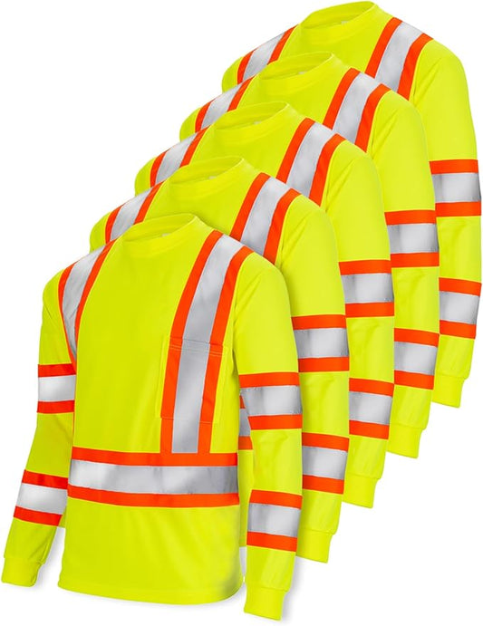 ANSI Compliant High-Visibility Long-Sleeve Safety Shirt – Reflective, Breathable & Built for All-Day Comfort (5-Pack)