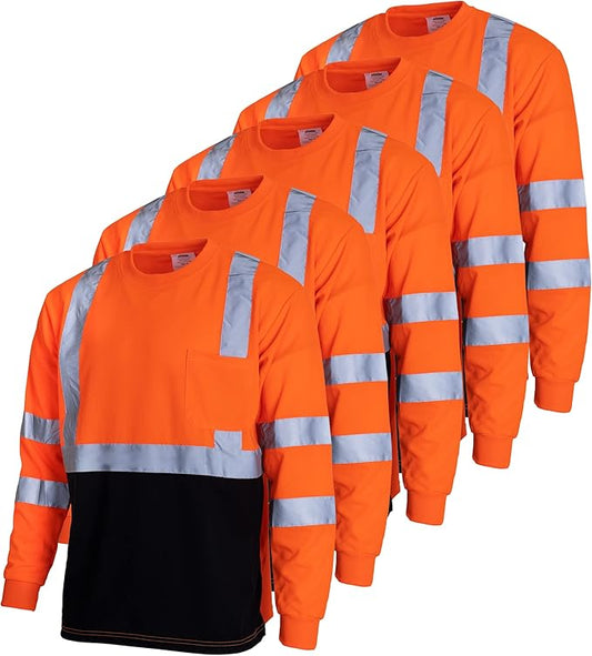Stain-Concealing Design, ANSI Class 3 High-Visibility Safety Long Sleeve Shirt – Breathable with Reflective Stripes (5-PACK)