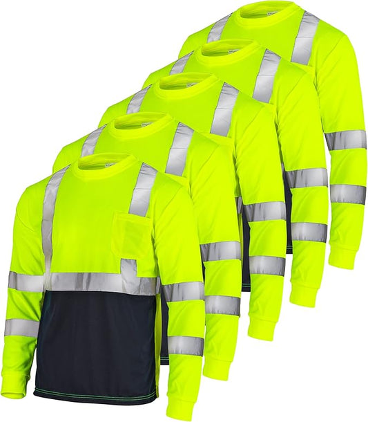 Stain-Concealing Design, ANSI Class 3 High-Visibility Safety Long Sleeve Shirt – Breathable with Reflective Stripes (5-PACK)