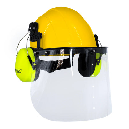 Hard Hat Safety Combo – Cap-Style Hard Hat with Clear Face Shield and Lime Earmuffs