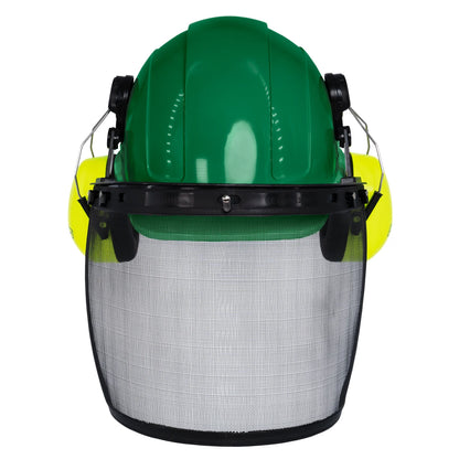 All-in-One Safety Combo – Hard Hat with Face Shield and Lime Earmuffs for Full Protection