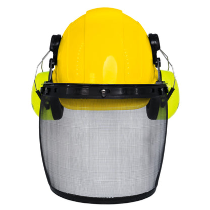 All-in-One Safety Combo – Hard Hat with Face Shield and Lime Earmuffs for Full Protection