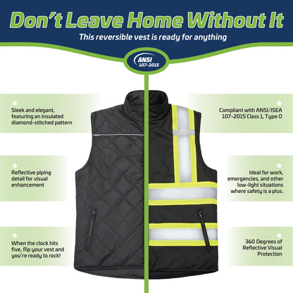 X on the Back Reversible Insulated Safety Vest – ANSI Certified, Weatherproof & Stylish