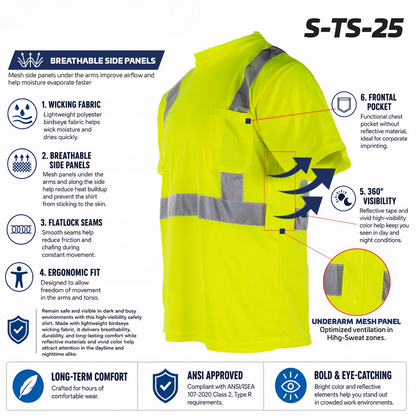 High Visibility Safety T-Shirt, ANSI/ISEA Compliant Class 2 Type R, Moisture-Wicking Birdseye Fabric with Breathable Mesh Panels and Chest Pocket