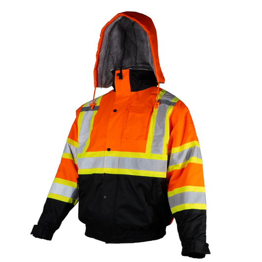 Hi-Vis X-Back Two-Tone Safety Bomber Jacket, ANSI Class 3 Type R, CSA Z96 Class 2 Level 2, Sherpa Faux Fleece Lined, Weather-Resistant Work Jacket with Hideaway Hood