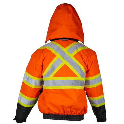 Hi-Vis X-Back Two-Tone Safety Bomber Jacket, ANSI Class 3 Type R, CSA Z96 Class 2 Level 2, Sherpa Faux Fleece Lined, Weather-Resistant Work Jacket with Hideaway Hood