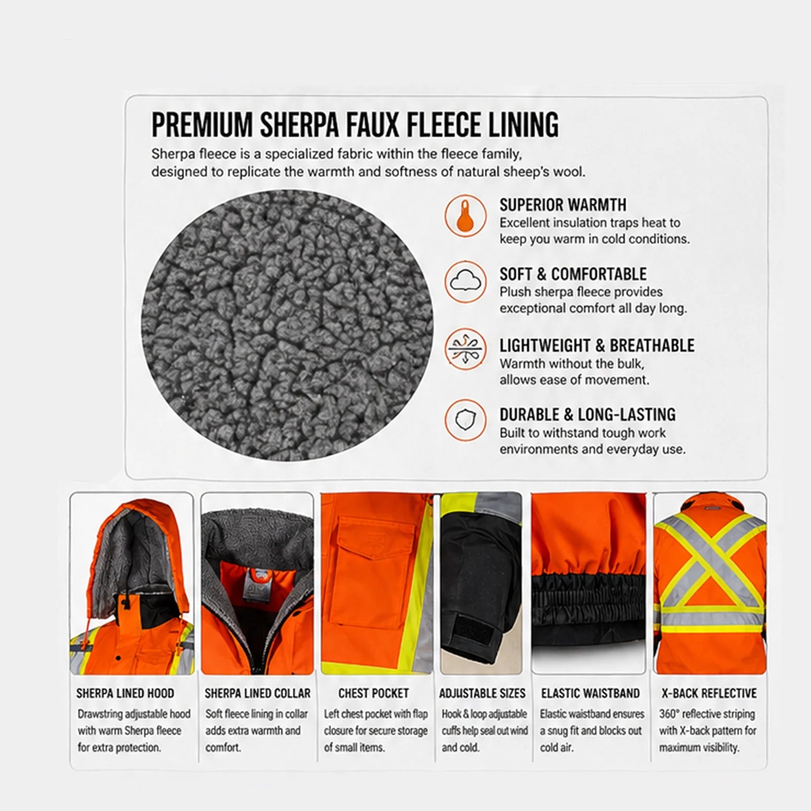 Sherpa Faux Fleece Lining product description with images of a jacket and safety vest.
