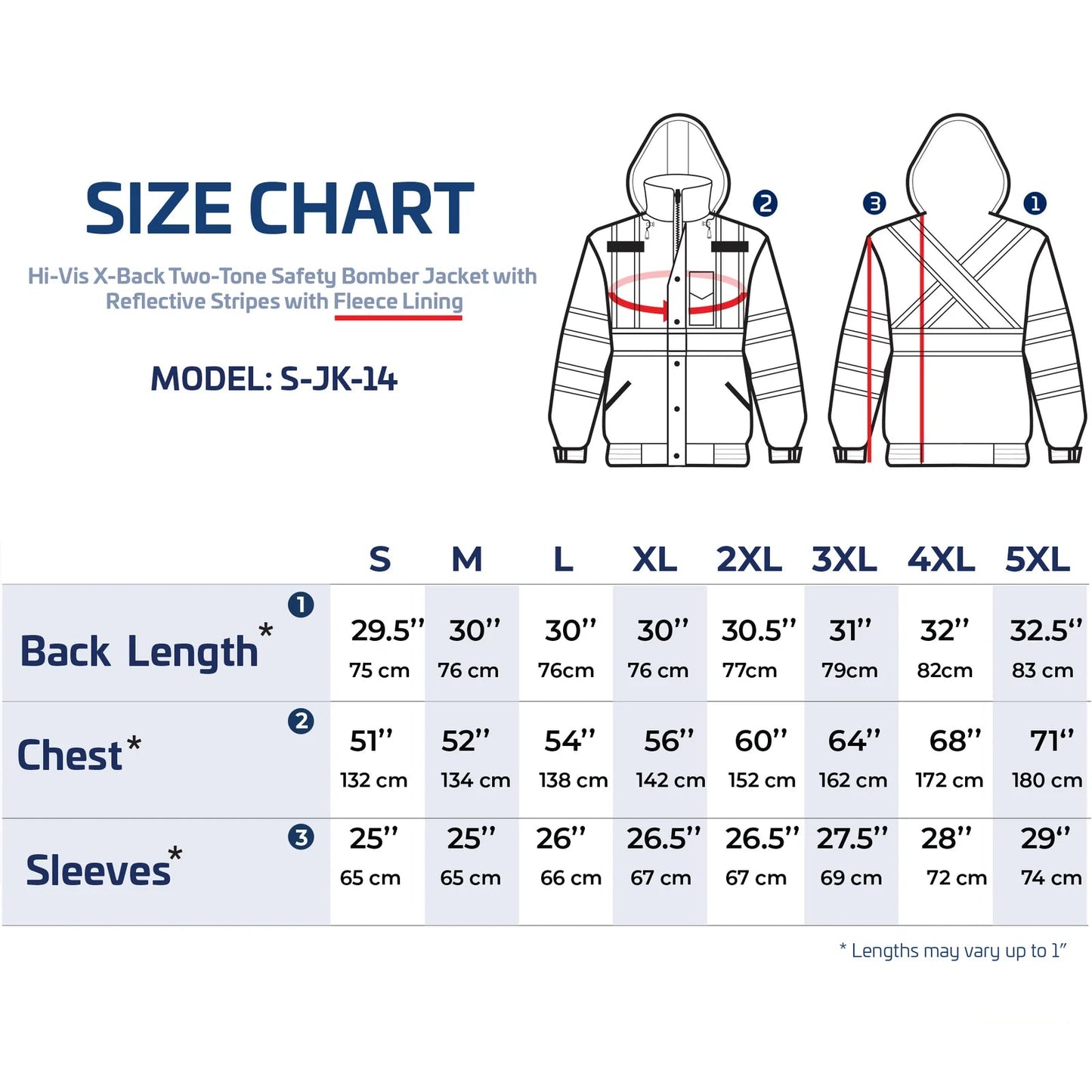 ize chart for Hi-Vis X-Back Two-Tone Safety Bomber Jacket with Reflective Stripes.
