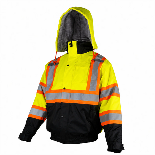 Hi-Vis X-Back Two-Tone Safety Bomber Jacket, ANSI Class 3 Type R, CSA Z96 Class 2 Level 2, Sherpa Faux Fleece Lined, Weather-Resistant Work Jacket with Hideaway Hood