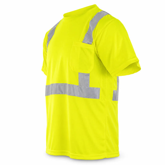 High Visibility Safety T-Shirt, ANSI/ISEA Compliant Class 2 Type R, Moisture-Wicking Birdseye Fabric with Breathable Mesh Panels and Chest Pocket