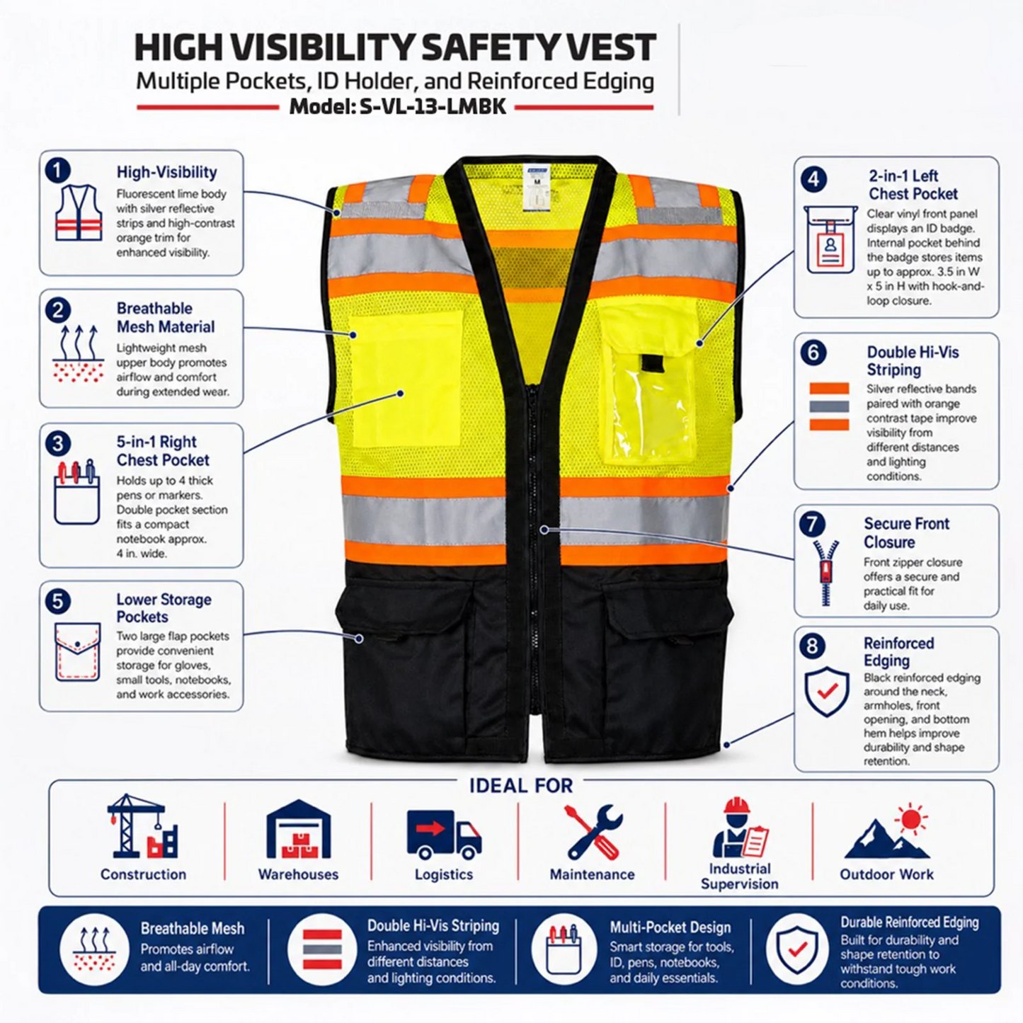 Surveyor Vest, Reflective Multi-Pocket Work Vest, ANSI/ISEA Compliant, Breathable Mesh, Zipper Front
