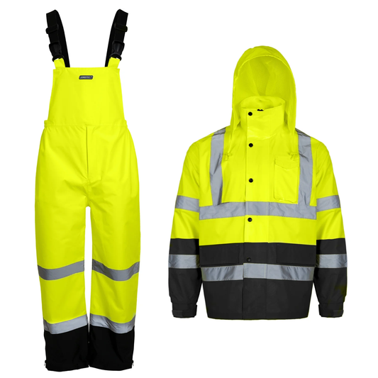High-Visibility Waterproof Rain Set – ANSI Class 3 Safety Jacket paired with Overall Pants